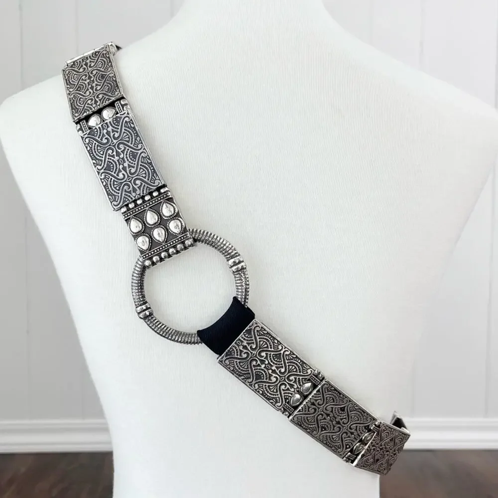 Beaded Metal Stretch Belt Hip Slung Embossed Boho Bohemian Size L/XL Silver Blk